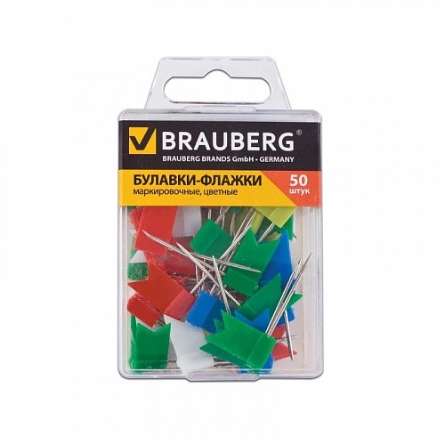 Булавки-флажки маркировочные BRAUBERG цветные, 50 шт., в пласт. коробке с европодвесом